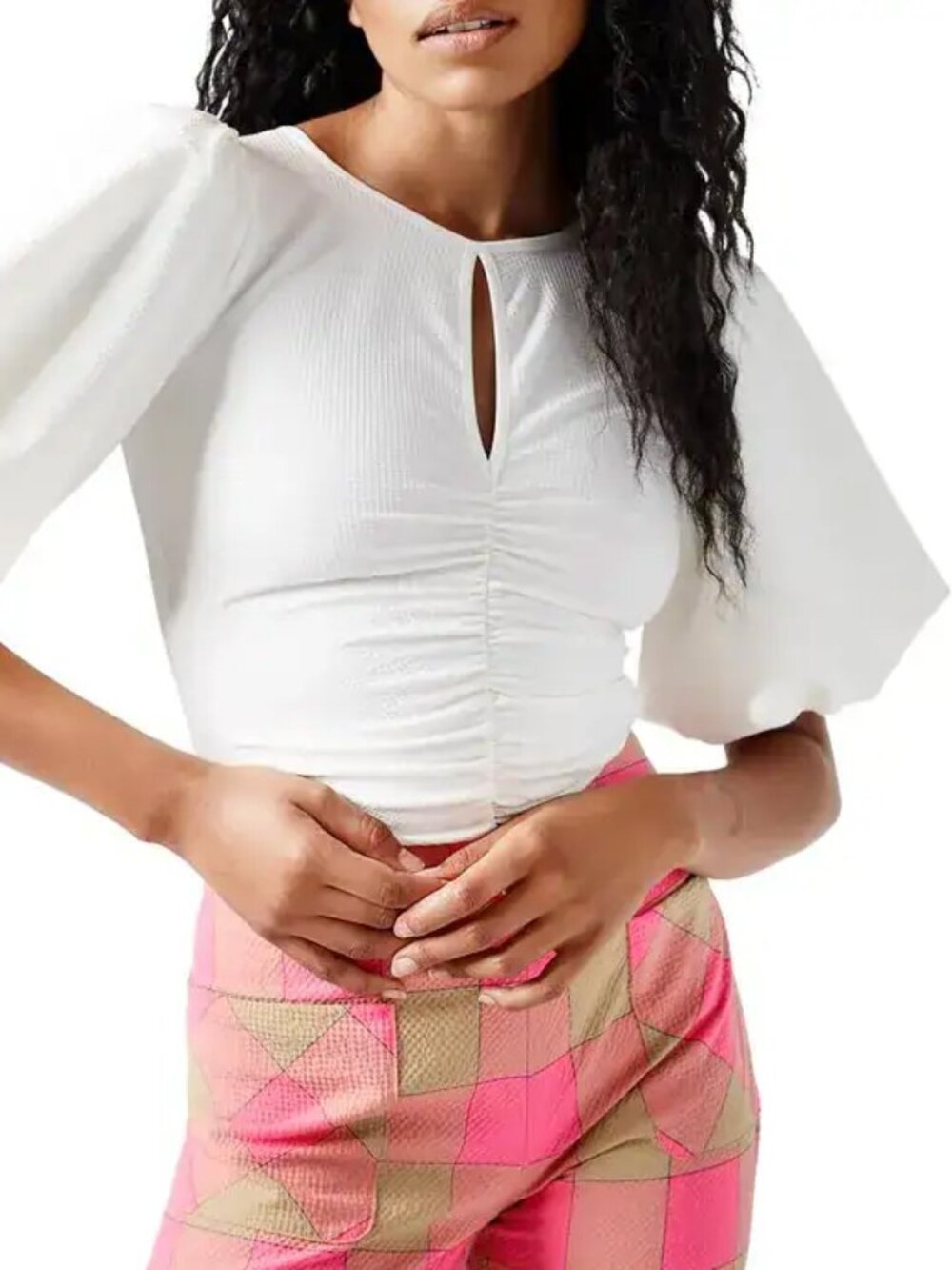 Smythe Ruched Puff Sleeve Top in White Seersucker (made in CANADA)
